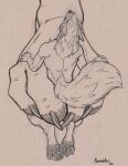 anthro canid canine claws duo feet female fluffy fluffy_tail foot_fetish foot_play hi_res macro mammal micro monochrome pawpads richard_foley sepia tail