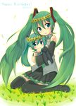  2girls aqua_eyes aqua_hair boots carrying chibi dated detached_sleeves green_hair happy_birthday hatsune_miku head_wreath highres long_hair multiple_girls necktie sitting skirt sudachi_(calendar) thigh_boots thighhighs twintails very_long_hair vocaloid wariza 