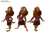 absurd_res anthro bird_dog blue_eyes bottomwear brown_body brown_fur canid canine canis cel_shading charlotte_(crescent_blue) clothing domestic_dog english_text female fluffy_ears fur hi_res hunting_dog kenthenugget mammal model_sheet shaded skirt solo spaniel suit teacher teacher_clothing text thick_thighs turnaround wide_hips