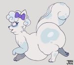 2024 6_tails absurd_res alolan_form alolan_vulpix aurora_(kazukio) belly big_belly big_butt blue_eyes bow_ribbon butt colored dated derp_eyes digital_drawing_(artwork) digital_media_(artwork) english_text female feral front_view generation_7_pokemon gloves_(marking) head_tuft hi_res huge_butt justkindofhere looking_up markings mottled multi_tail nintendo overweight overweight_female overweight_feral pokemon pokemon_(species) quadruped regional_form_(pokemon) side_view signature simple_background smile solo standing tail tail_markings text tongue tongue_out tuft walking white_body