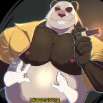 1:1 absurd_res anthro bear beastars belly belly_rub big_belly buccaner98 cigar disembodied_hand english_text gouhin_(beastars) hi_res male mammal musclegut muscular muscular_male nipples overweight overweight_male smoke solo_focus text