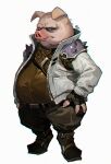 2026 anthro bottomwear brown_clothing claws clothed clothing digitigrade domestic_pig footwear full-length_portrait fully_clothed grey_bottomwear grey_clothing grey_pants hand_on_hip hi_res jacket male mammal monotone_body monotone_skin mu_963 nintendo overweight overweight_anthro overweight_male pants pigma_dengar pink_body pink_claws pink_skin portrait shoes simple_background solo star_fox suid suine sus_(pig) topwear white_background white_clothing white_jacket white_topwear yellow_eyes