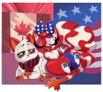 accessory ambiguous_gender american_flag blue_nose blue_pawpads border bow_ribbon brown_sclera canadian_flag clothing crossed_arms domestic_cat duo eyelashes eyes_closed fangs felid feline felis female feral freckled_face freckles fur hair hair_accessory hair_bow hair_ribbon hi_res inner_ear_fluff looking_aside lying makeup mammal maple_leaf markings mascara multicolored_body multicolored_fur on_another on_front orange_eyes pattern_clothing pattern_scarf pawpads plaid plaid_clothing plaid_scarf polka_dots red_body red_fur red_hair ribbons scarf star_(marking) striped_markings striped_tail stripes summurr_murrica tail tail_markings teeth tuft united_states_of_america unknown_artist white_body white_border white_fur
