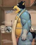 2026 360dori anthro apron apron_only australian_cattle_dog bandit_heeler belly beverage biceps bluey_(series) bodily_fluids canid canine canis cattledog claws clothing coffee coffee_mug container cup domestic_dog english_text eyebrows eyes_closed flaccid fur genitals herding_dog hi_res holding_container holding_cup holding_mug holding_object humanoid_genitalia humanoid_penis inside kitchen male mammal morning mug musclegut muscular muscular_anthro muscular_male musk onomatopoeia open_mouth pastoral_dog pecs penis side_view solo sound_effects standing sweat teeth text tongue tuft vein yawn