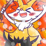 >_< 1:1 2024 ambiguous_anthro ambiguous_gender annyui0611 anthro biped blush blush_stickers braixen canid cute_fangs digital_drawing_(artwork) digital_media_(artwork) dipstick_tail dutch_angle eyes_closed fangs front_view generation_6_pokemon hi_res holding_object holding_stick japanese_description low-angle_view mammal markings nintendo open_mouth open_smile pokemon pokemon_(species) portrait simple_background smile snout solo standing stick tail tail_markings teeth three-quarter_portrait translated_description