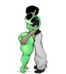 2026 amphibian anthro big_butt black_clothing black_shirt black_topwear bodily_fluids bottomwear butt butt_grab clothing duo eyelashes eyes_closed female frog glitch_productions hair hand_on_butt hug huge_butt human male male/female mammal pants pipahsummah ribbit_(tadc) shirt shoulder_grab simple_background tears the_amazing_digital_circus thick_thighs topwear white_background