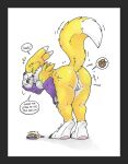 3_fingers 3_toes after_transformation anthro anus bandai_namco body_part_transformation border butt butt_transformation claws clothing danwolf15 digimon digimon_(species) digitigrade digivice english_text error error_message eyes_closed feet female finger_claws fingers fur gender_transformation genitals giggle gloves grey_border handwear hi_res laugh mammal motion_lines mustelid otter pawpads pink_pawpads presenting presenting_hindquarters purple_clothing purple_gloves purple_handwear renamon shaking_butt simple_background solo tail text toe_claws toes transformation upside_down_transformation visible_self vulva white_background white_body white_fur yellow_body yellow_fur