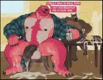 absurd_res anthro balls barazoku barefoot bear beard belly_tuft big_balls big_penis bodily_fluids bottomless bowl brown_body brown_fur canid canine canis chest_tuft claws clothed clothing container cum cum_drip cum_everywhere cum_in_bowl cum_in_container cum_on_ground cum_on_leg cum_on_table cup dialogue dripping duo english_text facial_hair feet fur genital_fluids genitals hi_res holding_container holding_cup holding_mug holding_object humanoid_genitalia humanoid_penis inside male male/male mammal marius_tygo messy mug multicolored_body musclegut muscular muscular_anthro muscular_male mustache navel nipples nude open_clothing open_shirt open_topwear pattern_clothing pattern_shirt pattern_topwear penis pink_beard pink_body pink_facial_hair pink_fur pink_mustache pink_pupils plaid plaid_clothing plaid_shirt plaid_topwear pupils rex_(furrybeefrex) shaking shaking_arms shaking_legs shirt shirt_only slightly_chubby slightly_chubby_anthro slightly_chubby_male speech_bubble text throbbing throbbing_balls throbbing_penis topwear topwear_only tuft two_tone_body vein veiny_penis white_sclera wolf