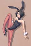  animal_ears antenna_hair black_hair blue_eyes bow bowtie breasts bunny_ears bunnysuit collarbone detached_collar fake_animal_ears high_heels idolmaster idolmaster_(classic) kikuchi_makoto legs leotard oku_(okumen) open_mouth pantyhose short_hair small_breasts solo stance wrist_cuffs 