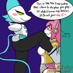 1:1 against_surface against_wall anthro bangs blue_hair blush blush_stickers darkner deltarune dominant dominant_female duo english_text eyelashes felid feline female female/female hair hi_res humanoid kabedon long_eyelashes machine mammal pale_body pink_hair pinned pinned_to_wall resin_n._q robot robot_anthro speech_bubble tasque_manager text undertale_(series) white_body yellow_eyes