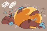 3_fingers ant antennae_(anatomy) anthro arthropod belly belly_rub big_belly bloated blush blush_lines bodily_fluids breasts breath carameltsi colored dialogue disembodied_hand drooling exoskeleton featureless_breasts female fingers hand_on_belly hand_on_chin hand_on_knee hand_on_leg hi_res honeypot_ant honeypot_belly huge_belly hymenopteran immobile insect la_reina_(rivals_of_aether) lucha_libre_mask lying mandibles mask motion_lines muscular muscular_female nude on_back panting rivals_of_aether rumbling_stomach saliva simple_background solo sound_effects spanish_text speech_bubble spiral sports_mask sportswear text wearing_mask wrestling_mask