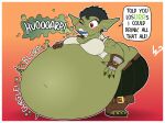 4_fingers 4_toes alternative_fashion belly belt big_belly black_eyebrows black_hair blue_tongue blush boots border bottomwear breasts burping claws cleavage clothed clothing dialogue english_text eyebrows feet female fingerless_gloves fingers footwear ginny_the_fat_bear gloves goblin green_claws hair handwear hi_res huge_belly hyper hyper_belly inflation liquid_inflation navel open_mouth pants red_eyes sharp_teeth shirt shoes solo steampunk teeth text toeless_footwear toes tongue topwear white_border