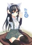  animal_ears asashio_(kantai_collection) bad_id bad_pixiv_id banned_artist black_hair black_legwear blue_eyes cat_ears fake_animal_ears kantai_collection long_hair sitting solo suisen thighhighs wariza 