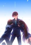  2boys aki_(neyuki41028) black_hair brown_hair hug little_busters! long_hair multiple_boys naoe_riki natsume_kyousuke natsume_rin ponytail red_eyes school_uniform short_hair translated 