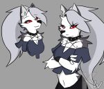 2019 animal_ears annoyed anthro black_clothing black_nose black_shirt black_topwear breasts bust_portrait canid canid_demon canine chest_harness cleavage clothed clothing collar crop_top crossed_arms demon digital_drawing_(artwork) digital_media_(artwork) ear_piercing female fingerless_gloves frown fur furrowed_eyebrows gloves grey_background grey_body grey_fur grey_hair hair half-length_portrait handwear harness hellaverse hellhound helluva_boss kangwolf long_hair loona_(helluva_boss) mammal midriff multicolored_body multicolored_fur multiple_poses mythological_canine mythological_creature mythology navel occult_symbol off_shoulder pentagram pentagram_harness piercing portrait pose red_eyes shirt simple_background smile smirk solo spiked_collar spikes symbol topwear two_tone_body two_tone_fur watermark white_body white_fur