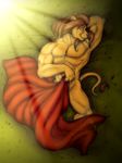  abs arm_behind_head biceps brown_fur brown_hair feline flexing fur hair knuxlight lion lying male mammal mane muscles nude on_back pecs solo tan_fur toned 