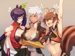  animal_ears antenna_hair bare_shoulders belt black_hair blazblue blazblue:_chronophantasma bra breast_press breasts brown_hair bullet_(blazblue) cleavage dark_skin gauntlets glasses hand_up heart jacket lao_jiu large_breasts litchi_faye_ling long_hair makoto_nanaya multiple_girls navel panda scar semi-rimless_eyewear short_hair simple_background squirrel_ears squirrel_tail sweatdrop tail tomo_(tomorag7) under-rim_eyewear underboob underwear very_long_hair white_hair yellow_eyes 