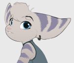 anthro big_ears blue_eyes blue_stripes bust_portrait clothing ear_piercing ear_ring female grey_body grey_clothing head_tuft lips lombax looking_at_viewer mammal piercing pink_lips pink_nose portrait ratchet_and_clank ring_piercing rivet_(ratchet_and_clank) smile snaccka snout solo sony_corporation sony_interactive_entertainment striped_arms striped_body striped_ears stripes teeth tuft