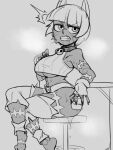 2022 3:4 absurd_res animal_humanoid arm_scar belt beverage big_breasts blush blush_lines bodily_fluids breasts cat_humanoid clenched_teeth clothing collar crossed_legs dark_body dark_skin digital_drawing_(artwork) digital_media_(artwork) fangs feet felid felid_humanoid feline feline_humanoid female fingerless_gloves fingernails frown furniture gloves grey_background greyscale hair halter_top handwear heat_(temperature) hi_res holding_beverage holding_glass holding_object humanoid leaning_on_table leg_scar legwear looking_aside mammal mammal_humanoid midriff monochrome musk nadia_fortune nails narrowed_eyes navel painting_fish scar sharp_fingernails sharp_nails shirt short_hair side_view simple_background sitting_on_stool sketch skullgirls solo sweat sweat_drip sweatdrop sweaty_hips table teeth topwear under_boob