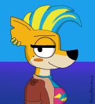 activision alternative_fashion anthro bandicoot blue_sky blush clothing crash_bandicoot_(series) ear_piercing eyebrows eyelashes female fur hair horizon jacket leather leather_clothing leather_jacket leather_topwear mammal markings marsupial mohawk mole_(marking) notched_ear orange_body orange_fur piercing pirate_tawna punk roxyreviews sea sky solo tawna_bandicoot toony topwear water