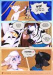 anthro biped blue_eyes canid canine clothed clothed_anthro clothing comic dialogue dipstick_ears ear_markings english_text equid equine felid fennec_fox fox hi_res jarit_(rukifox) louis_(rukifox) male male_anthro mammal markings multicolored_ears pantherine rukifox striped_body stripes text topless topless_anthro topless_male true_fox yellow_eyes zebra