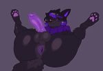 anthro anus axolaugh balls black_body black_fur black_hair bottomless butt canid canine canis clothed clothing fur genitals hair heterochromia hi_res highlights_(coloring) holding_both_legs looking_at_viewer male mammal orange_eyes pawpads penis presenting presenting_anus presenting_hindquarters presenting_penis purple_eyes purple_highlights purple_penis simple_background smile smiling_at_viewer solo sweater sweater_only topwear topwear_only wolf