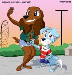 4_toes absurd_res amusement_park amusement_ride anthro bird_dog blue_body blue_eyes blue_fur bottomwear brown_body brown_fur canid canine canis charlotte_(crescent_blue) clothing denim denim_bottomwear denim_clothing denim_shorts domestic_dog duo electronics evening feet female fluffy fluffy_ears fluffy_tail fur gesture hand_gesture hi_res holding_object holding_phone hotpants hunting_dog hybrid kenthenugget kingdaka kneeling male mammal mother_(lore) mother_and_child_(lore) parent_(lore) parent_and_child_(lore) pattern_clothing phone red_eyes roller_coaster scamp_(crescent_blue) selfie shirt shorts six_flags sky spaniel striped_clothing stripes t-shirt tail toes topwear v_sign vest wolf