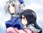  black_hair blue_eyes brown_hair hat houraisan_kaguya hug hug_from_behind multiple_girls silver_hair smile touhou unya yagokoro_eirin 