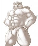  abs anthro biceps big_muscles bulge feline fur hair knuxlight lion male mammal monochrome muscles nipples pecs pose solo standing toned topless 