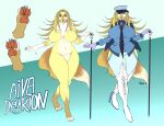 accessory aiva_degrion anthro big_breasts blonde_hair blue_clothing blue_jacket blue_suit blue_topwear boots bottomwear breasts canid canine canis cheek_tuft chest_tuft clothed clothed_anthro clothing coat denim denim_bottomwear denim_clothing domestic_dog eyebrows facial_tuft female floppy_ears footwear gloves green_eyes hair hand_tuft handwear hat headgear headwear hi_res high_heeled_boots high_heels ivywoof jacket jeans knee_boots knee_highs legwear mammal military_cap model_sheet neck_tuft necktie nude_anthro pants pattern_necktie pawpads paws shoes smile solo spots spotted_pawpads striped_necktie suit thick_eyebrows tongue tongue_out topwear tuft walking_stick white_boots white_clothing white_footwear wide_hips yellow_body