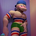 1:1 2026 3d_(artwork) against_surface against_wall albalbalb animate_inanimate anthro bathroom big_bulge blue_body blue_cap blush bulge clothing digital_media_(artwork) green_clothing green_underwear hand_on_bulge hi_res inside looking_at_bulge looking_down_at_bulge luckyboy_(character) luckyboy_(newgrounds) male muscular muscular_anthro muscular_male pecs public_restroom red_body restroom_stall sock_puppet solo striped_body stripes tongue tongue_out underwear wall_(structure) watermark white_body white_skin