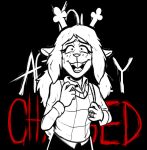 5_fingers anthro antlers band-aid bandage bodily_fluids buckteeth cartoon_freckles clothing constricted_pupils crazy_eyes deer deltarune english_text eyelashes female fingers freckled_face freckles hair hi_res hitsuji horn long_eyelashes looking_at_viewer mammal monochrome new_world_deer noelle_holiday pupils reindeer ring shaking small_pupils snowgrave solo spot_color sweat tail tear_trough teeth text topwear undertale_(series) vest
