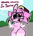 anthro black_eyes crossgender dialogue dot_eyes exhibitionism eyelashes eyewear female flat_chested gastropod glasses hair jerry_capshell mollusk open_mouth outside pink_body pink_hair pink_skin rectangular_glasses shell_hat simple_eyes snail solo spiral_stream_derby thefablednekos