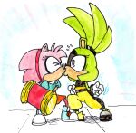 amy_rose anthro clothed clothing duo eulipotyphlan eyes_closed female female/female fur gloves green_body hair hammer handwear hedgehog hi_res idw_publishing kiss_on_lips kissing mammal painting_(artwork) pink_body pink_fur sega simple_background sonic_the_hedgehog_(comics) sonic_the_hedgehog_(idw) sonic_the_hedgehog_(series) surge_the_tenrec surprise_kiss surprised tools toongrowner toony watercolor_(artwork)