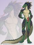 abs absurd_res animal_genitalia anthro biped black_eyes blue_body blue_eyebrows blue_feathers breasts claws crocodile crocodilian digital_drawing_(artwork) digital_media_(artwork) dinosaur erection eyebrows feathered_body feathered_dinosaur feathered_scalie feathers featureless_breasts full-length_portrait genitals gradient_background green_body head_feathers hi_res hybrid knot knotted_penis kol_(kolfoxy) long_neck long_tail long_tongue looking_at_viewer male moirah multicolored_body multicolored_feather_hair multicolored_feathers nude penis portrait prehensile_penis prehensile_tongue prehistoric_species pupils purple_eyes reptile scales scalie seductive simple_background slit_penis slit_pupils smile solo standing tail tail_spines tapering_penis teeth tongue tongue_out white_body wide_tail yellow_body yellow_feathers