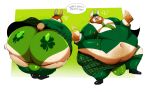 accessory anthro belly belly_overhang belly_peeking_out bent_over big_belly big_butt big_moobs body_hair bottomwear bulge butt clothed clothing clover_(plant) clover_leaf detailed_bulge drunk footwear formal_wear four_leaf_clover front_and_back front_view full-length_portrait fully_clothed fur genital_outline green_clothing green_footwear green_socks green_suit green_underwear hair happy_trail hi_res holding_beer holidays huge_belly huge_butt huge_moobs kilt lagomorph leaf leporid male mammal moobs necktie obese obese_male orange_hair overweight overweight_male penis_outline plant portrait presenting presenting_hindquarters presenting_underwear rabbit rear_view socks solo st._patrick's_day substance_intoxication suit tigertimeworks underwear upskirt white_body white_fur