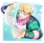  blonde_hair bubble caesar_anthonio_zeppeli facial_mark fingerless_gloves gloves green_eyes headband jacket jojo_no_kimyou_na_bouken kuren male_focus one_eye_closed scarf solo twintails 