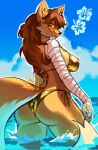 2026 anthro bandage bandaged_arm big_butt bikini bikini_bottom bikini_top breasts brown_hair butt canid canine clothed clothing cloud eyelashes eyewear facial_piercing female flower fluffy fluffy_tail fur gold_bikini golden_week hair hi_res inner_ear_fluff junodayz kadri_(nedwardo) looking_at_viewer looking_back mammal nose_piercing outside partially_submerged piercing pinup plant pose rear_view septum_piercing signature sky solo standing sunglasses swimwear tail tan_body tan_fur tuft two-piece_swimsuit water wearing_sunglasses