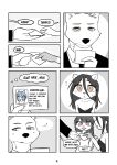 absurd_res anthro black_and_white blue_hair blush blush_lines bodily_fluids bouncer brown_eyes canid canine canis cherry_the_rabbit comic comic_panel dialogue english_text eulipotyphlan female green_eyes group hair hedgehog hedgehog_girl_(kyogummi) hi_res id_card kyogummi lagomorph leporid male male/female mammal monochrome pink_eyes rabbit red_eyes speech_bubble sweat sweatdrop text wolf wolf_(kyogummi)