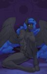 abs absurd_res anthro areola barbell_piercing blue_eyes blue_hair blue_tail equid equine eyelashes eyeshadow feathered_wings feathers female friendship_is_magic genitals glistening_eyelids grey_body hair hasbro hi_res hooves horn kirasunnight long_eyelashes looking_at_viewer makeup mammal muscular muscular_anthro muscular_female my_little_pony mythological_creature mythological_equine mythology nightmare_moon_(mlp) nipple_piercing nipples piercing presenting presenting_vulva purple_eyeshadow solo sparkles tail vulva winged_unicorn wings