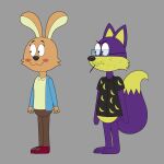 1:1 2026 alternate_species anthro barefoot black_nose blush blush_stickers bottomless bottomless_anthro bottomless_male brown_body brown_fur canid canine clothed clothed_anthro clothed_female clothing digital_media_(artwork) dipstick_tail duo eyewear feet female female_anthro flat_colors fox full-length_portrait fur furrification glasses grey_background hi_res jabroni_mike lagomorph leporid male male_anthro mammal markings mike_(jabroni_mike) mouth_hold parody portrait purple_body purple_fur rabbit rectangular_glasses shirt shirt_only simple_background stubble tail tail_markings the_rodfellows_movie toes toothpick topwear topwear_only wearing_glasses winter_grimwell yellow_body yellow_fur