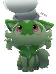2026 ambiguous_gender anthro blush duo felid feline feral fur generation_9_pokemon green_body green_fur headpat hi_res mammal meowscarada mimideu64931 nintendo onomatopoeia patting pink_nose pokemon pokemon_(species) simple_background smile solo_focus sound_effects sprigatito tail teeth text