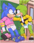 absurd_res afrosoricid anthro backpack blue_body blue_fur bodily_fluids bullying clothing diaper duo ear_piercing eulipotyphlan exposed_diaper eyelashes female fur gloves green_body green_fur grin hallway handwear hedgehog hi_res idw_publishing inside kabedon locker long_eyelashes male mammal nervous nervous_sweat paddedulf piercing pink_outfit school sega sharp_teeth smile smug sonic_the_hedgehog sonic_the_hedgehog_(comics) sonic_the_hedgehog_(idw) sonic_the_hedgehog_(series) surge_the_tenrec sweat teeth tenrec text url yellow_outfit