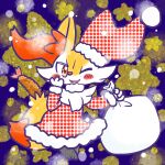 1:1 2024 ambiguous_anthro ambiguous_gender annyui0611 anthro biped blush blush_stickers braixen canid christmas christmas_clothing christmas_headwear clothed clothed_ambiguous clothed_anthro clothing digital_drawing_(artwork) digital_media_(artwork) dipstick_tail food front_view full-length_portrait generation_6_pokemon hat headgear headwear hi_res holding_bag holidays japanese_description leaning leaning_forward looking_at_viewer mammal markings nintendo object_in_tail one_eye_closed open_mouth open_smile pokemon pokemon_(species) portrait santa_dress santa_hat shrimp_(food) simple_background smile snow solo standing star_polygon tail tail_markings translated_description wink winking_at_viewer