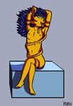  anthro armpits blue_background blue_eyes blue_hair cat crossed_legs feline girly hair hindpaw invalid_tag kiki long_hair looking_at_viewer male mammal markings navel nipples nude paws plain_background pose raised_arm sitting solo teeth tongue tongue_out toony tribal 