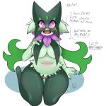 1:1 anthro belly big_breasts bodily_fluids breast_curtains breasts dialogue english_text felid feline female female_anthro fur generation_9_pokemon genital_fluids genitals green_body green_fur hi_res just_mae kneeling looking_at_viewer mammal meowscarada nintendo overweight overweight_female pokemon pokemon_(species) purple_eyes slightly_chubby slightly_chubby_anthro slightly_chubby_female solo text thigh_gap vaginal_fluids vulva wide_hips