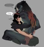 5_fingers alien alien_humanoid arm_around_back black_eyes black_hair blush bottomwear clothed clothing dialogue duo english_text face_on_chest female female_human female_on_bottom female_on_humanoid fingers hair hand_on_arm hi_res hug human human_on_bottom human_on_humanoid humanoid humanoid_on_top interspecies leafjuly light_body light_skin loincloth loincloth_only long_hair male male/female male_humanoid male_on_human male_on_top mammal mandibles on_bottom on_lap on_top pants pecs predator_(franchise) pseudo_hair sharp_teeth shirt sitting_on_lap t-shirt teeth tentacle_hair tentacles text topless topwear xenophilia yautja
