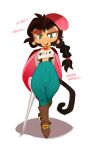 absurd_res anthro beret bloons_tower_defense boots bottomwear braided_hair brown_body brown_fur brown_hair bulge cape clothing commanding_viewer crop_top dan_d'monke dialogue english_text femboy footwear frilly frilly_clothing fur goatboydraws hair half-closed_eyes haplorhine hat headgear headwear hi_res high_waisted_bottomwear high_waisted_pants looking_at_viewer looking_down looking_down_at_viewer male mammal melee_weapon monkey narrowed_eyes ninja_kiwi open_mouth pants primate shirt shoes simple_background solo sword talking_to_viewer teal_eyes teeth text tight_bottomwear tight_clothing tight_pants topwear weapon white_background