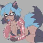 anthro belly black_ears blue_hair blue_tail body_freckles bra brand_new_animal breasts canid canine choker clothed clothing dark_ears dipstick_hair dipstick_tail eyelashes facial_markings female fluffy fluffy_tail freckelz freckled_arms freckled_belly freckled_breasts freckled_face freckled_legs freckled_thighs freckles gloves_(marking) hair head_markings inner_ear_fluff jacket jewelry mammal markings mask_(marking) michiru_kagemori multicolored_eyes necklace one_fang open_clothing open_jacket open_topwear panties raccoon_dog reclining red_clothing red_jacket red_topwear signature solo studio_trigger tail tail_markings tan_body tanuki topwear tuft underwear