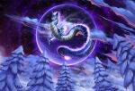 2026 ambiguous_gender blue_body blue_fur detailed_background digital_media_(artwork) dragon female_(lore) flying forest fur furred_dragon furred_scalie hi_res lambdakat mythological_creature mythological_scalie mythology night outside pink_eyes plant scalie snow snow_on_trees solo star tail tree